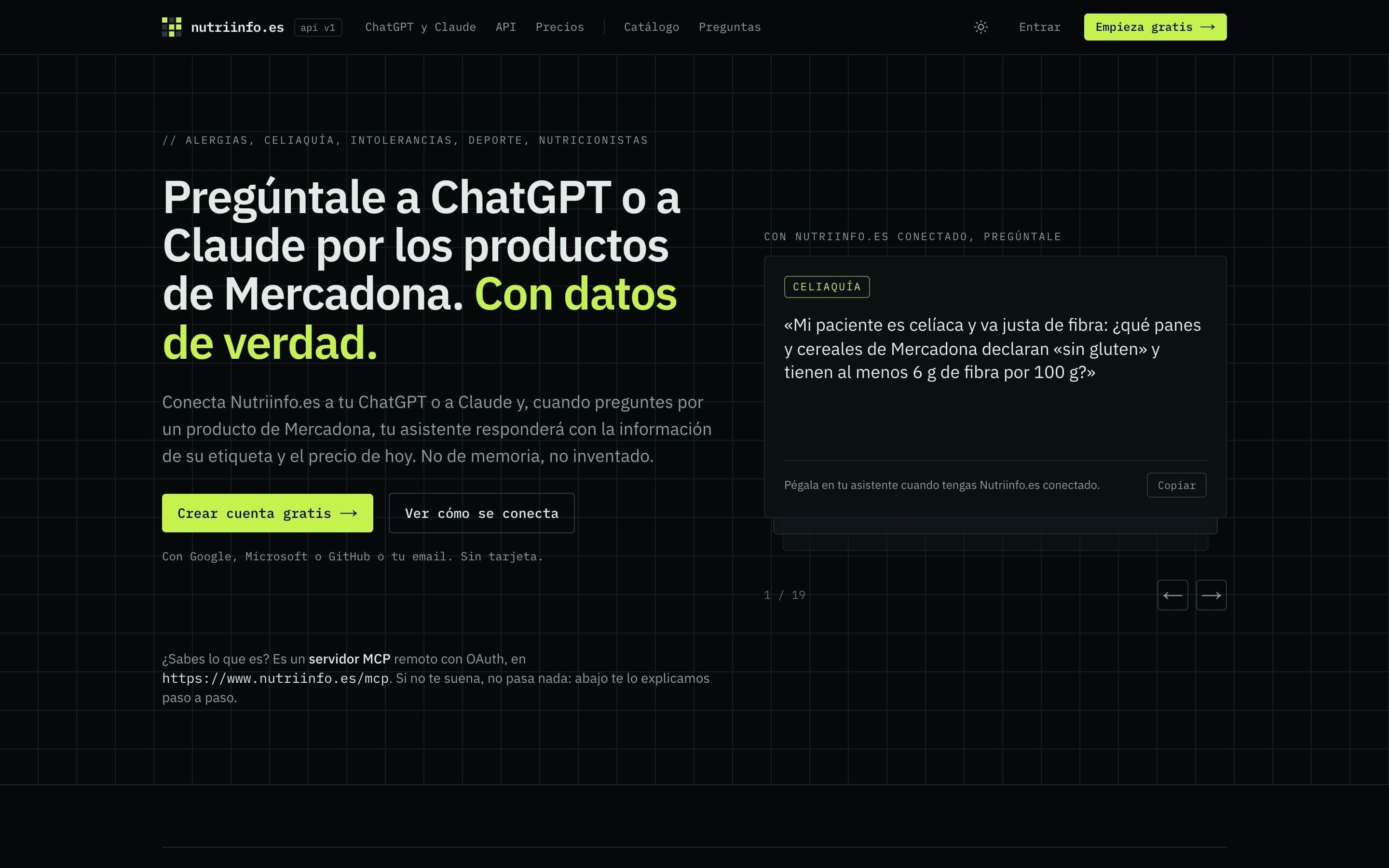 Página para conectar Nutriinfo.es a ChatGPT o Claude, con ejemplos de preguntas para copiar.