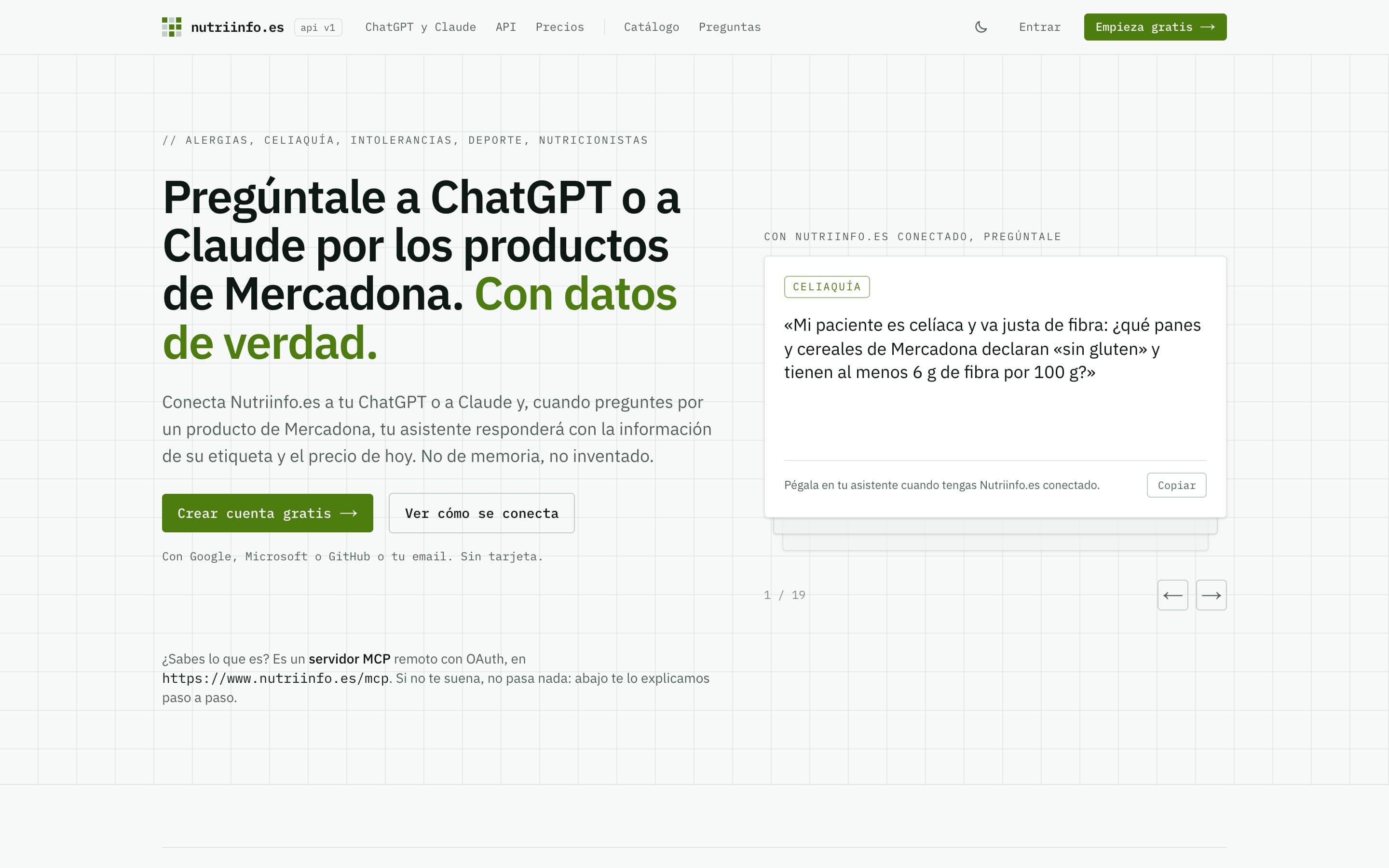 Página para conectar Nutriinfo.es a ChatGPT o Claude, con ejemplos de preguntas para copiar.