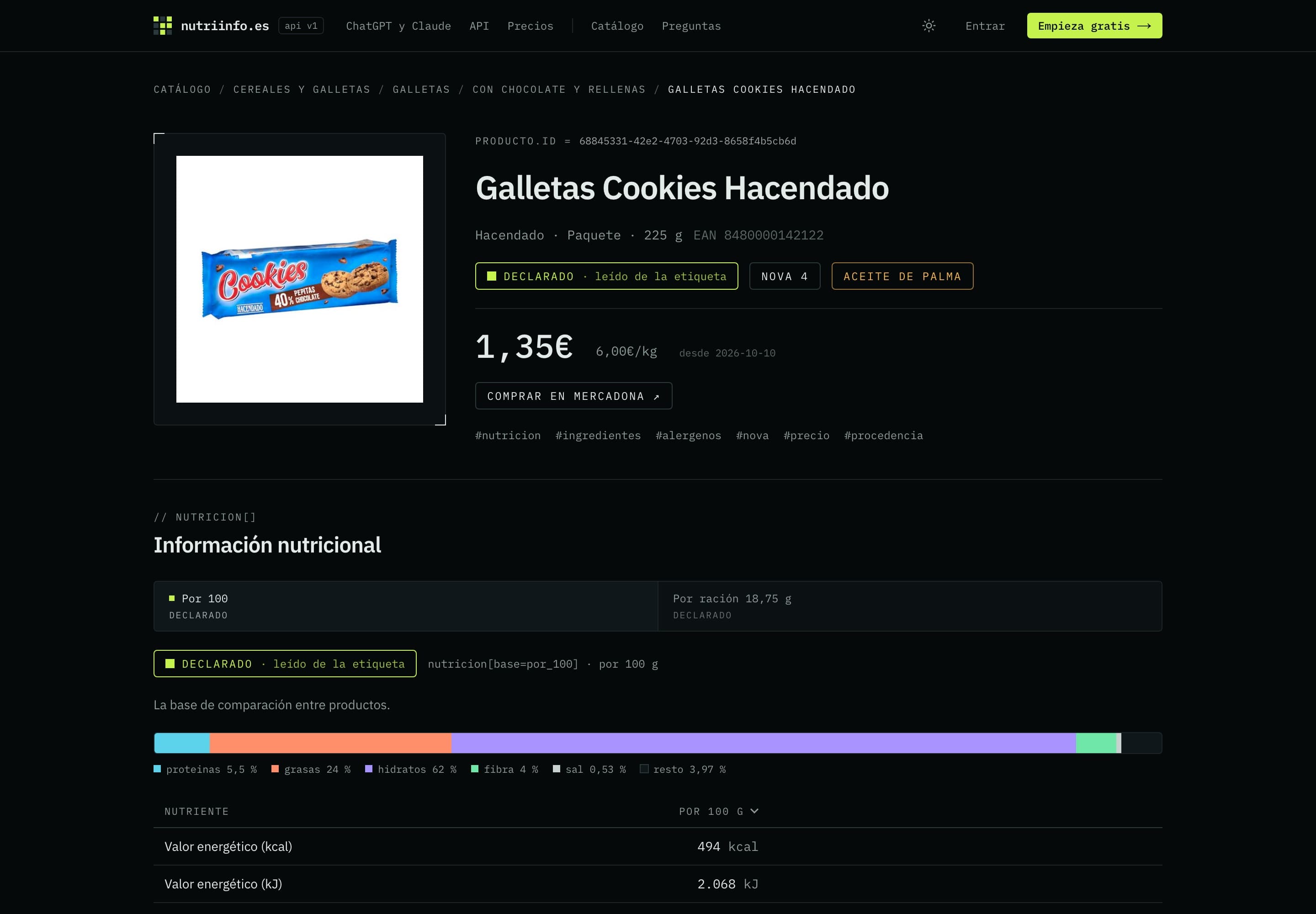 Ficha de las Galletas Cookies Hacendado en Nutriinfo.es: origen declarado, NOVA 4, aceite de palma, precio y tabla nutricional con barras.