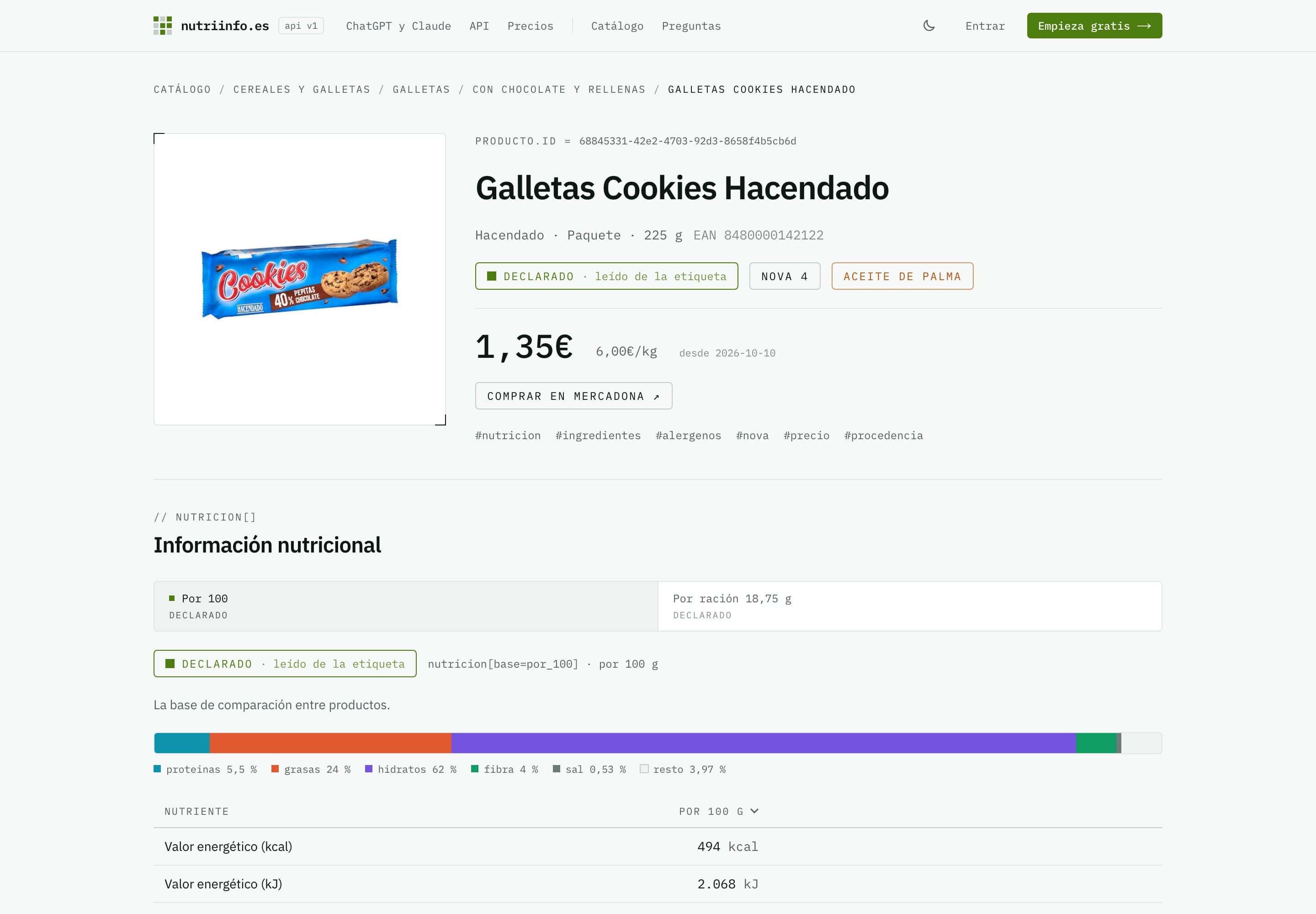 Ficha de las Galletas Cookies Hacendado en Nutriinfo.es: origen declarado, NOVA 4, aceite de palma, precio y tabla nutricional con barras.