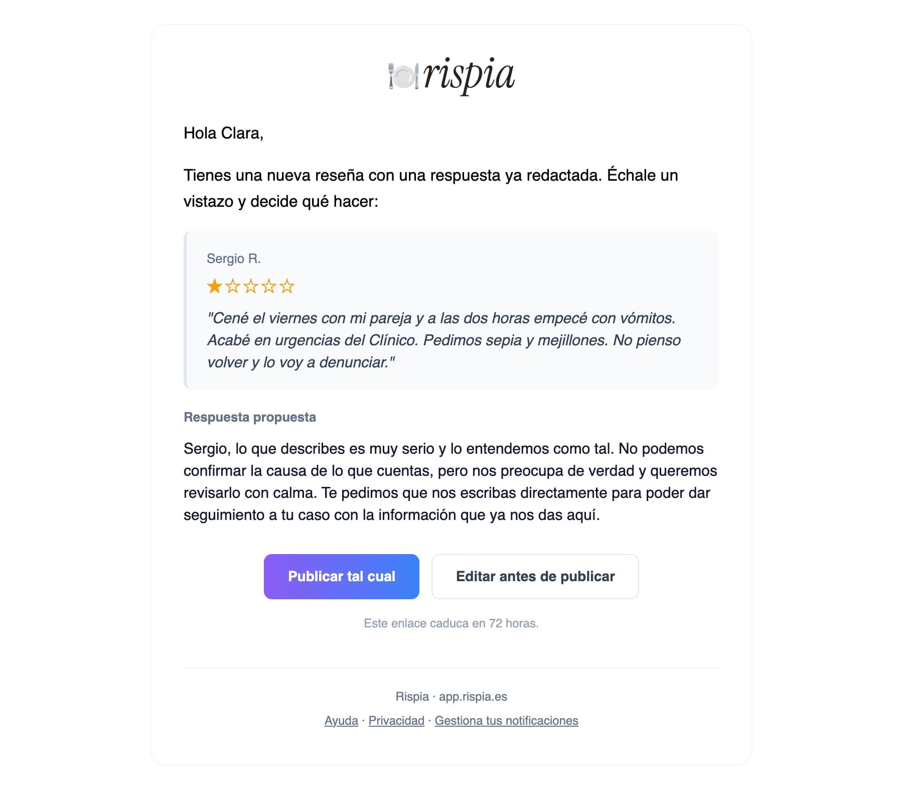Correo de Rispia con una reseña de una estrella, la respuesta propuesta y los botones «Publicar tal cual» y «Editar antes de publicar».