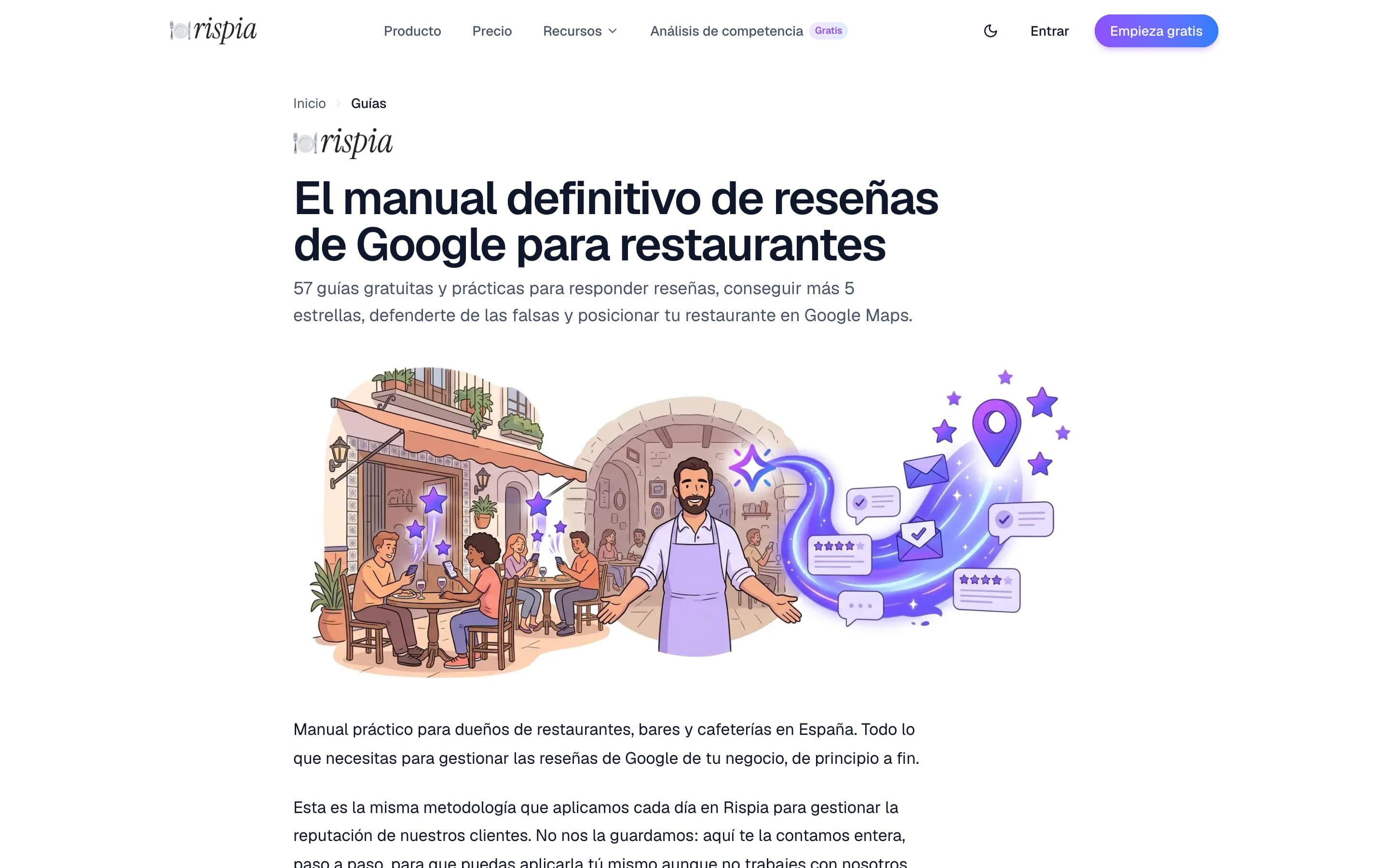 Portada del centro de guías de Rispia: «El manual definitivo de reseñas de Google para restaurantes», con 57 guías.
