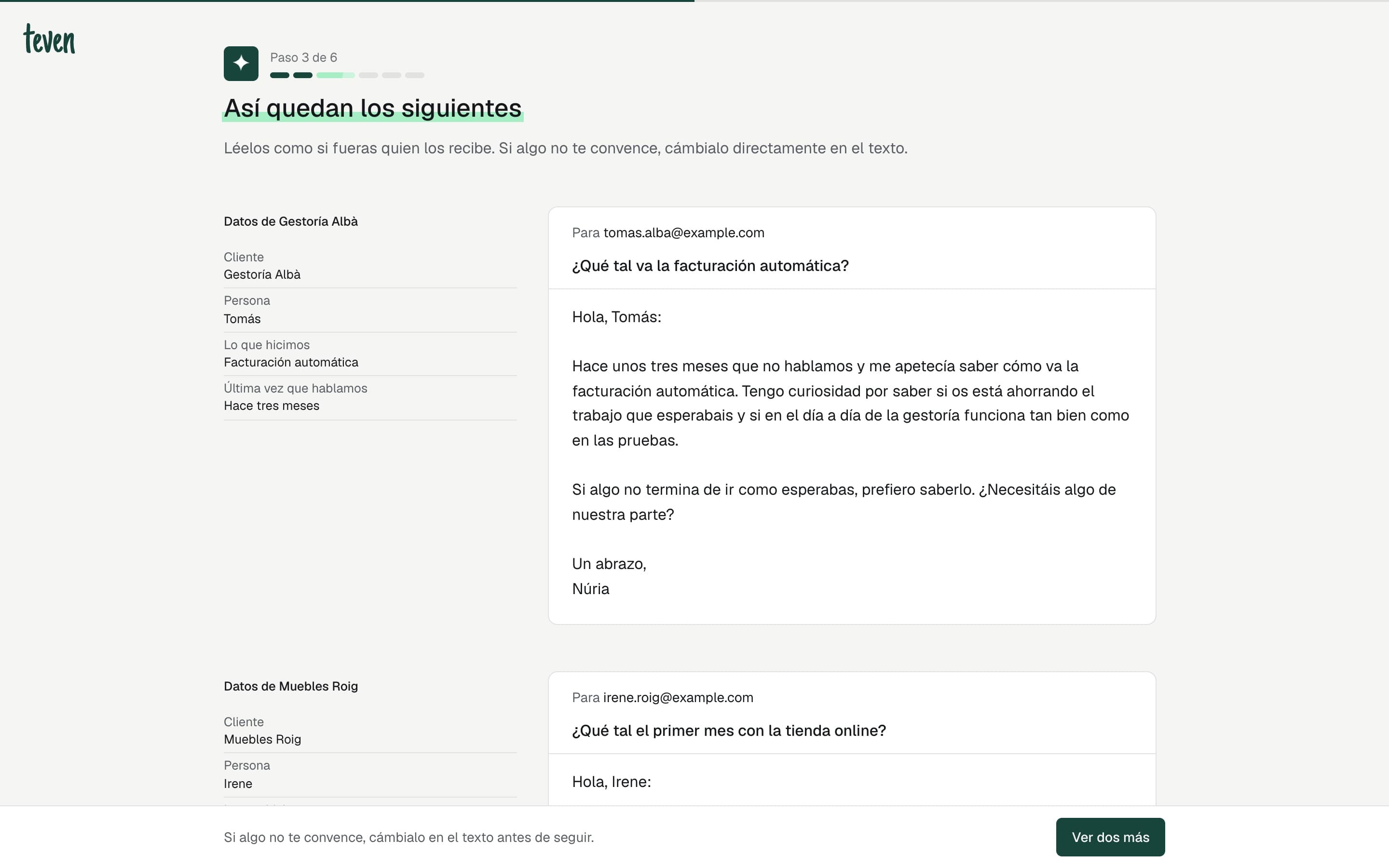 Paso 3 de Teven: el correo que Teven ha escrito a Tomás, de la Gestoría Albà, a partir del ejemplo enviado a Carla.